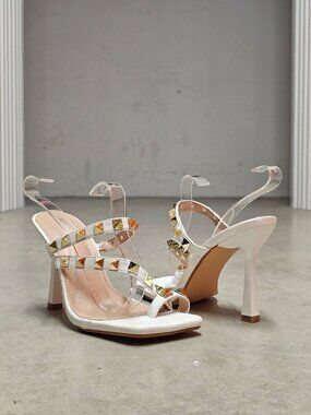 Studded High Heel Sandals With Strappy Design Open Toe & Gold-Tone Accents Ideal